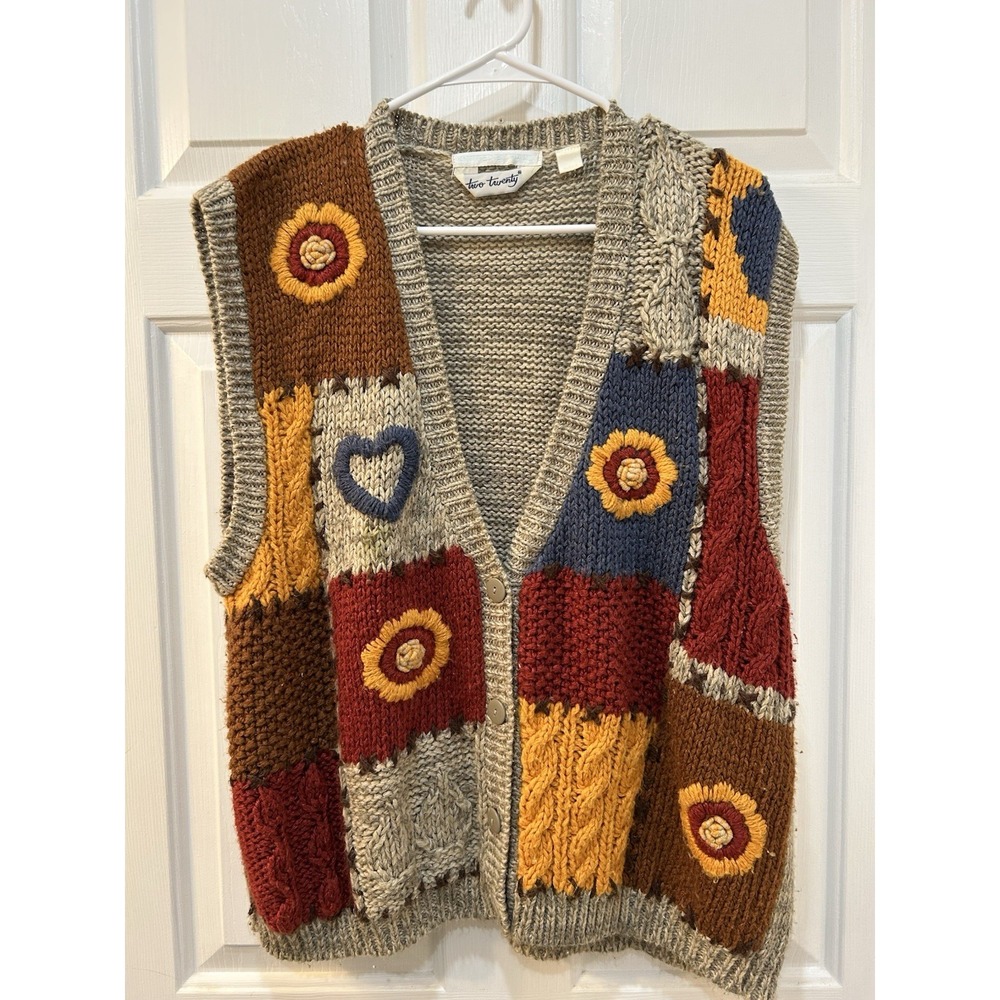 VTG Two Twenty Hand Knit Patchwork Sweater Vest Sz XL Chunky Knit Folk Art Boho